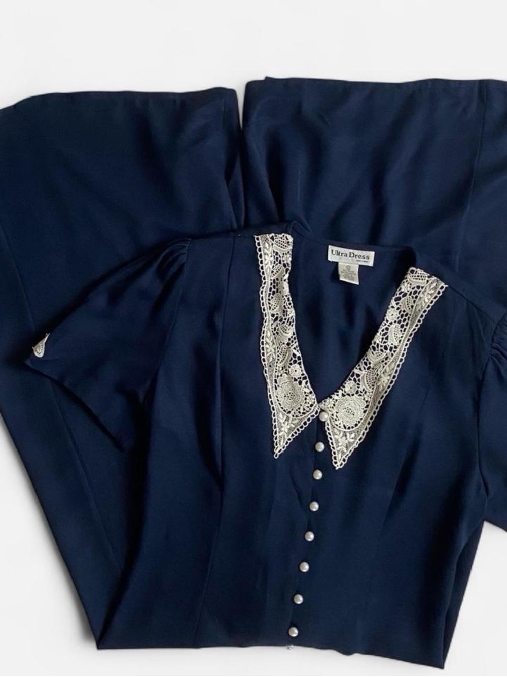 Vintage 90s navy button down dress w/lace collar
